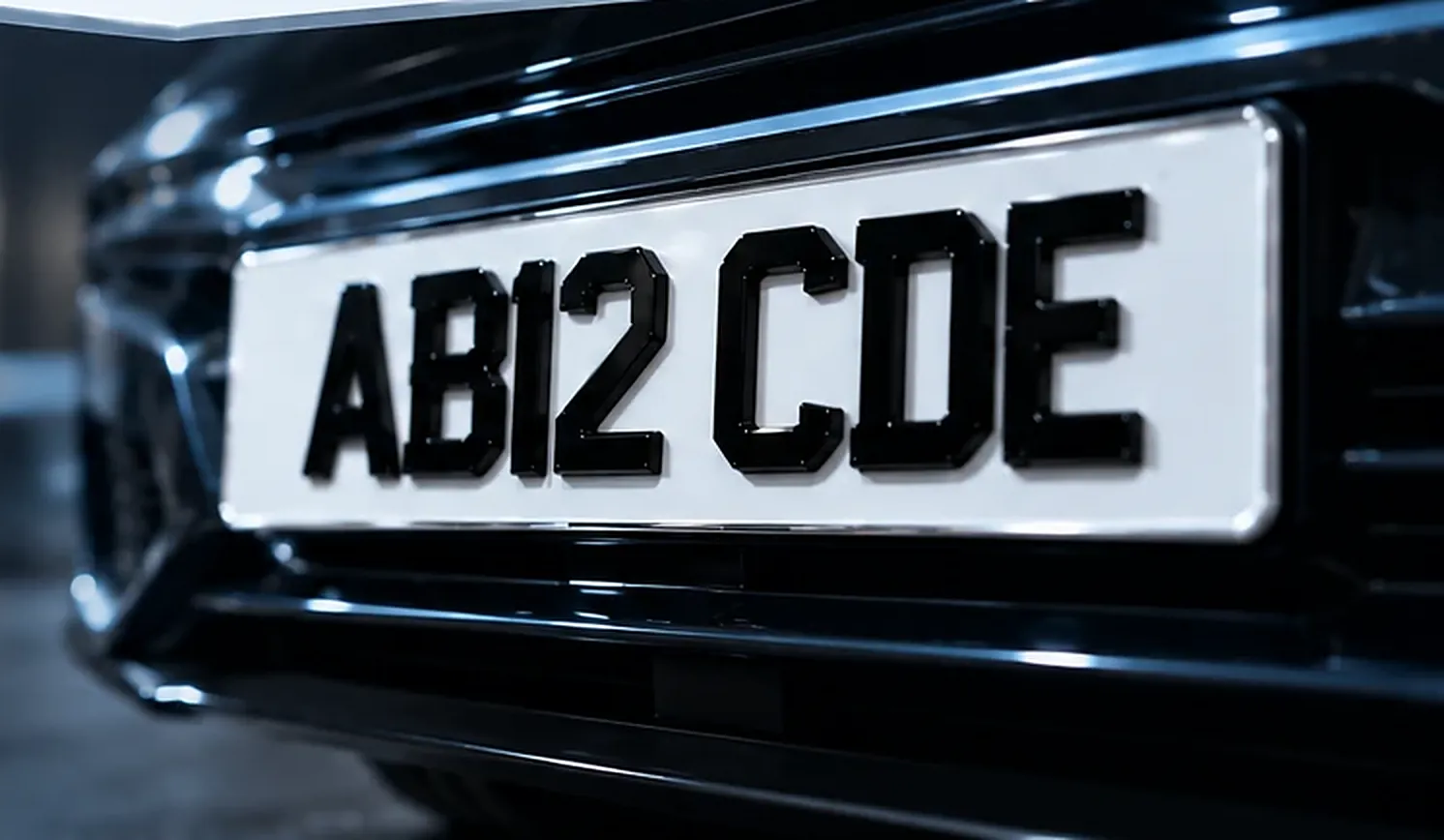 The front of a dark car fitted with a white 3D gel number plate