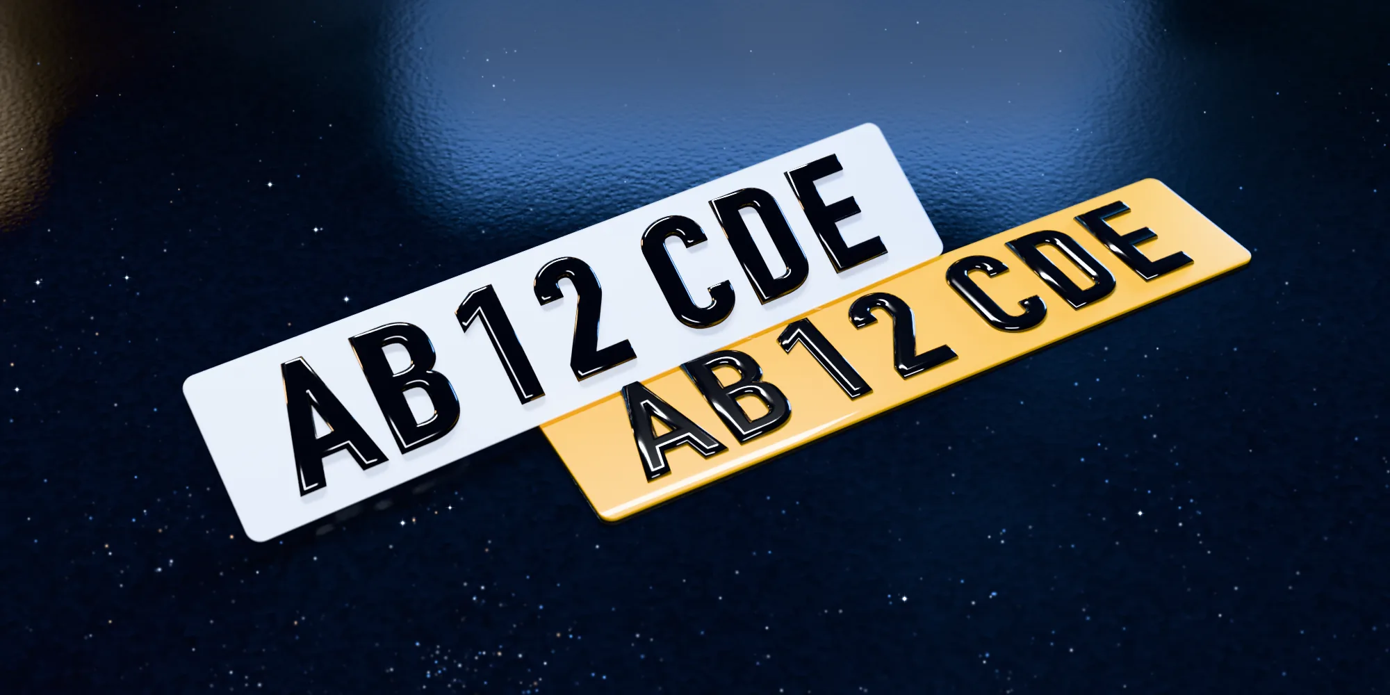 A white front and a yellow rear 3D gel number plate reading AB12 CDE, with raised glossy black resin characters