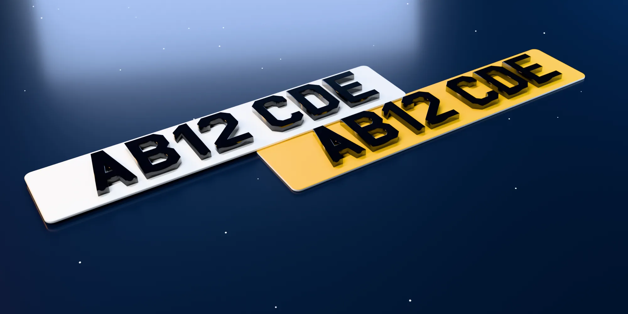 A white front and a yellow rear 4D number plate reading AB12 CDE, with raised, laser-cut black acrylic characters