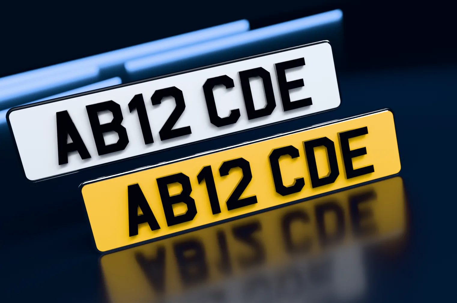 A white front and a yellow rear 4D number plate with raised, laser-cut black acrylic characters