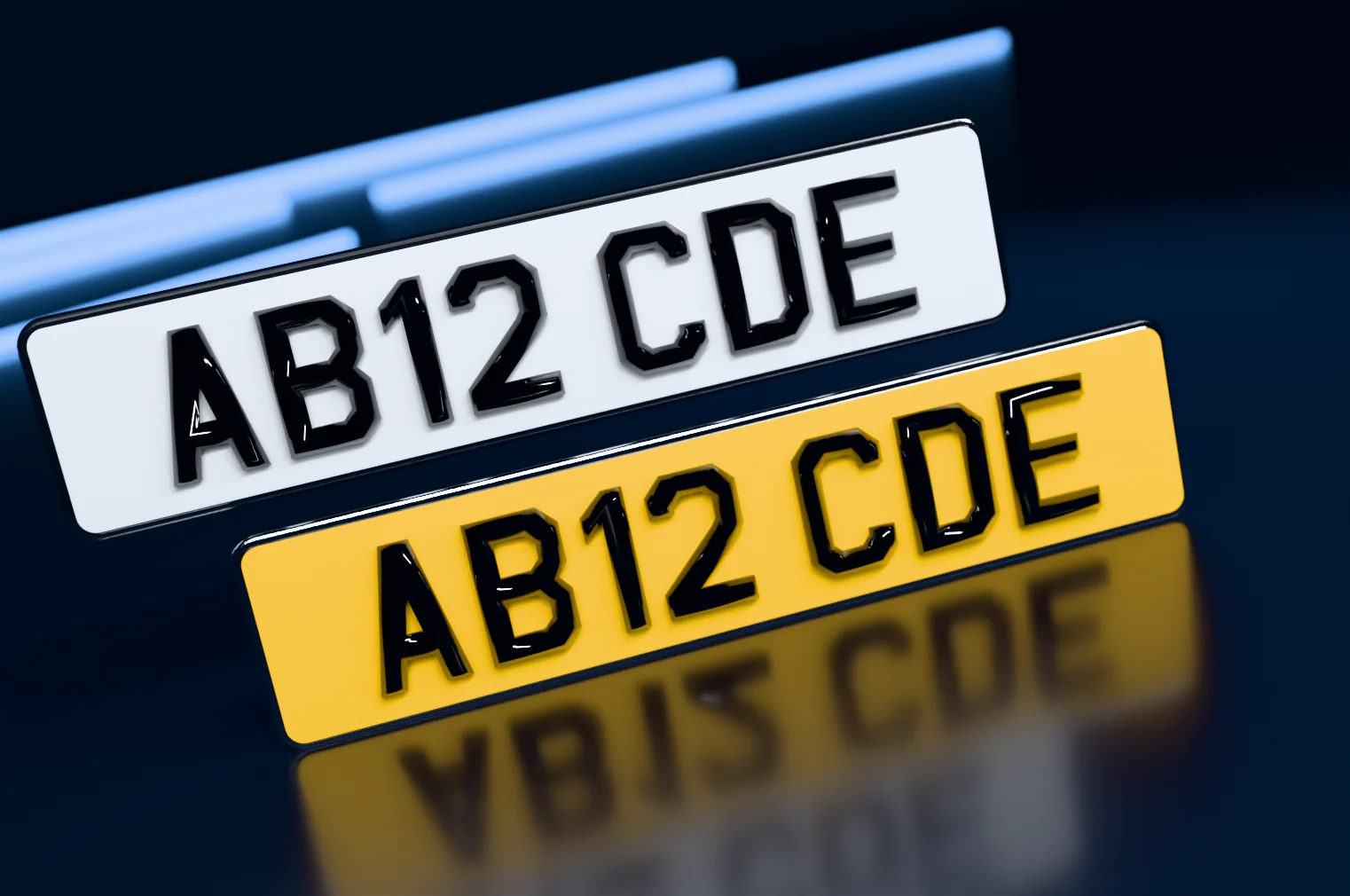 A white front and a yellow rear bevel number plate with black acrylic characters cut with an angled, faceted edge