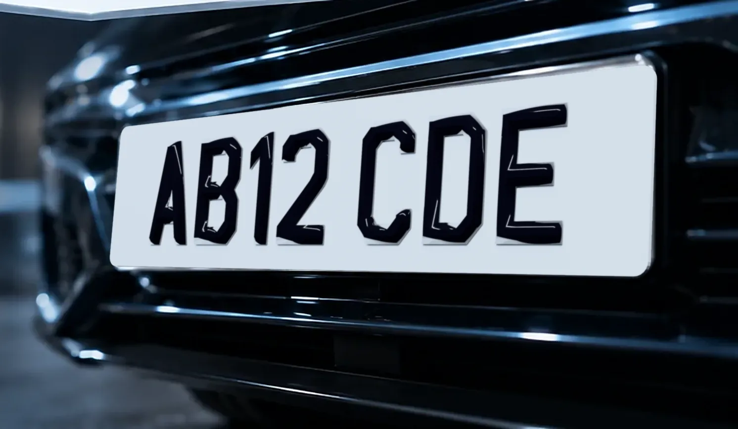 The front of a dark car fitted with a white bevel number plate