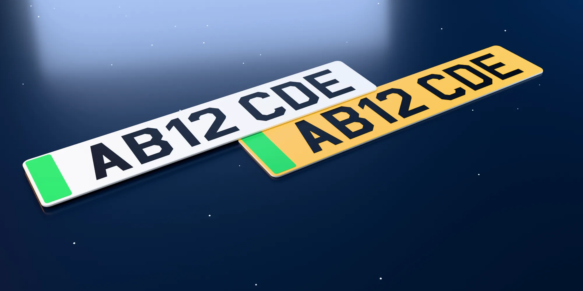 A white front and a yellow rear EV number plate reading AB12 CDE, with a green flash at the left