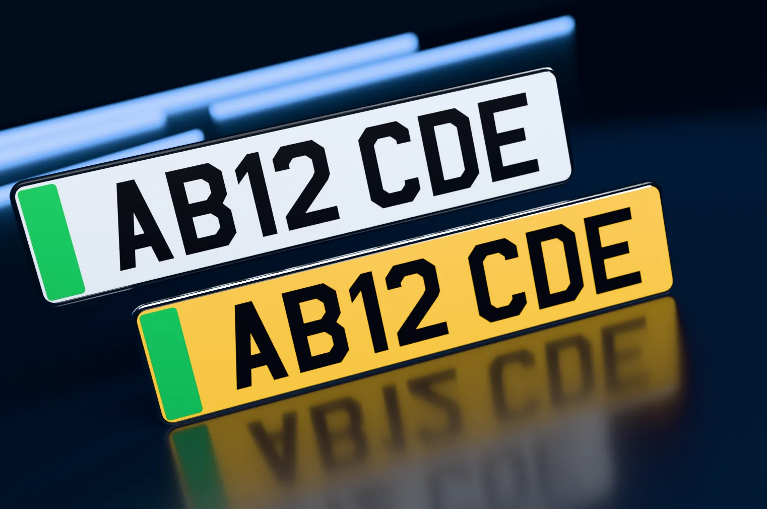 A white front and a yellow rear EV number plate with a green flash at the left