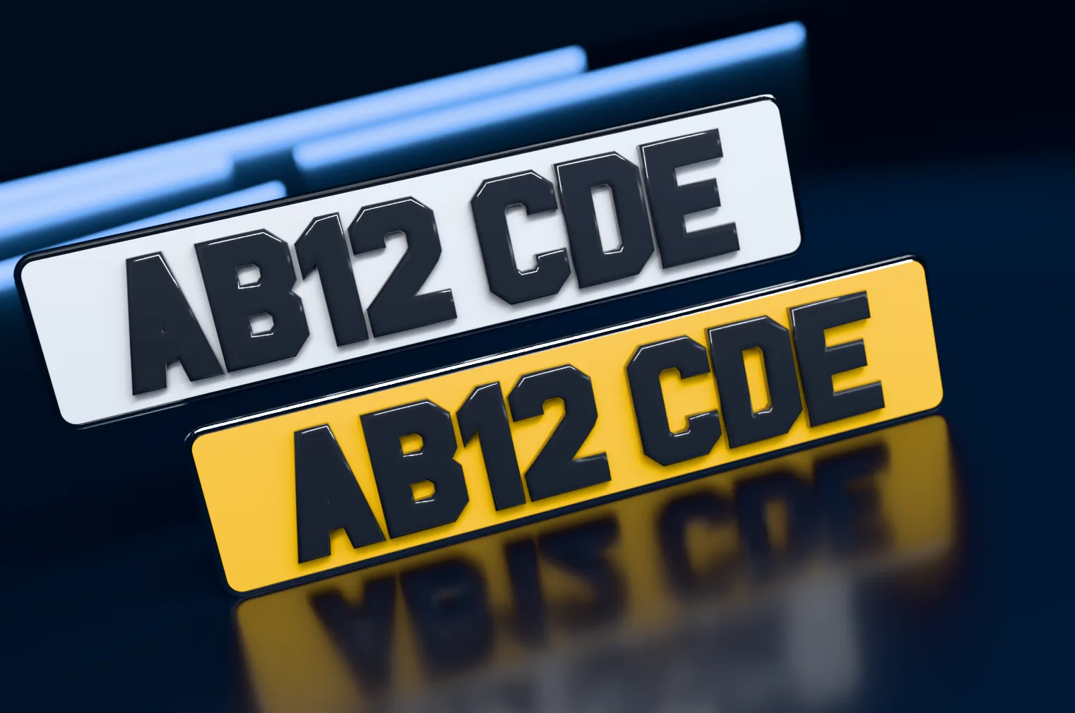 A white front and a yellow rear Ghost number plate with glossy, dark smoked characters