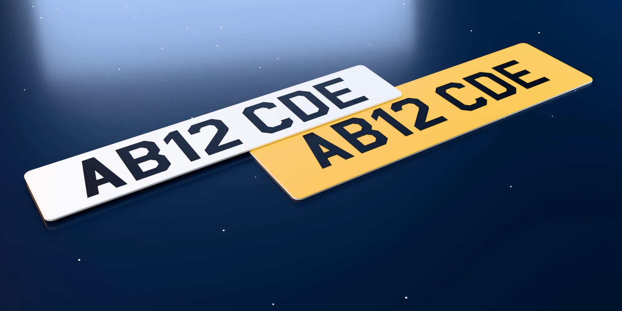 A white front and a yellow rear oversized number plate reading AB12 CDE, with printed black characters