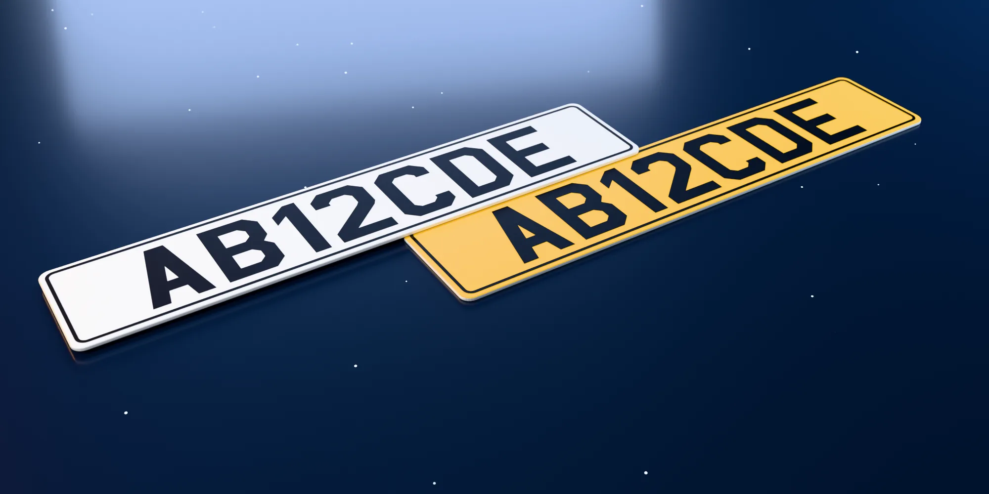 A white front and a yellow rear show number plate reading AB12CDE, with custom-spaced characters and a black border
