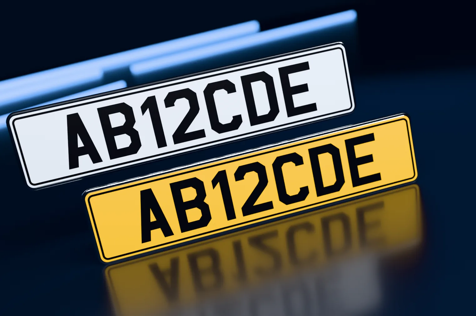 A white front and a yellow rear show number plate with custom-spaced characters and a black border