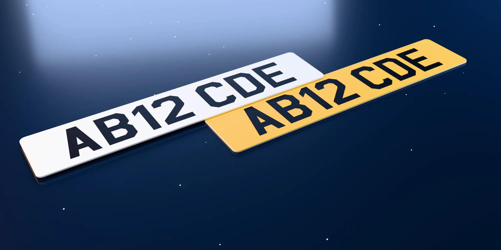 A white front and a yellow rear standard number plate reading AB12 CDE, with flat printed black characters